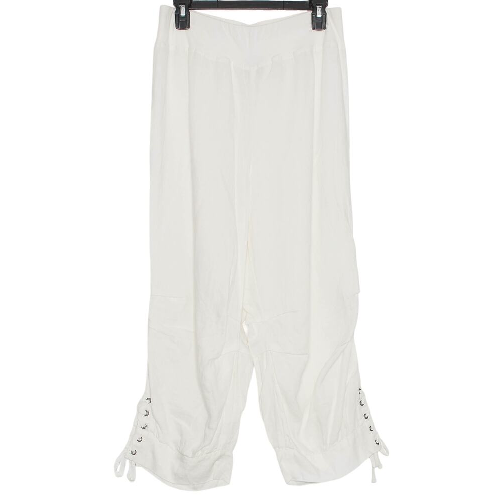 Soft Surroundings Linen Cropped Lace Up Pants Pull On Ivory Coastal Beach Size M